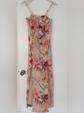 AFRM Floral Ruffle Beige Maxi Dress with Pink & Green Blooms